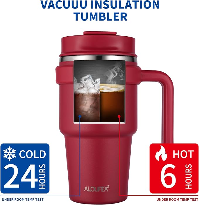 20 oz Insulated Coffee Mug Tumbler with Handle, Stainless Steel Travel Mug Tumbler with Lid and Straw,Double Wall Vacuum Leak Proof Ice Coffee Thermal Cup, Red