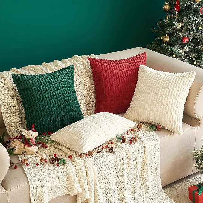 MIULEE Pack of 4 Corduroy Decorative Throw Pillow Covers 18x18 Inch Soft Boho Striped Pillow Covers Modern Farmhouse Home Decor for Sofa Living Room Couch Bed Cream White