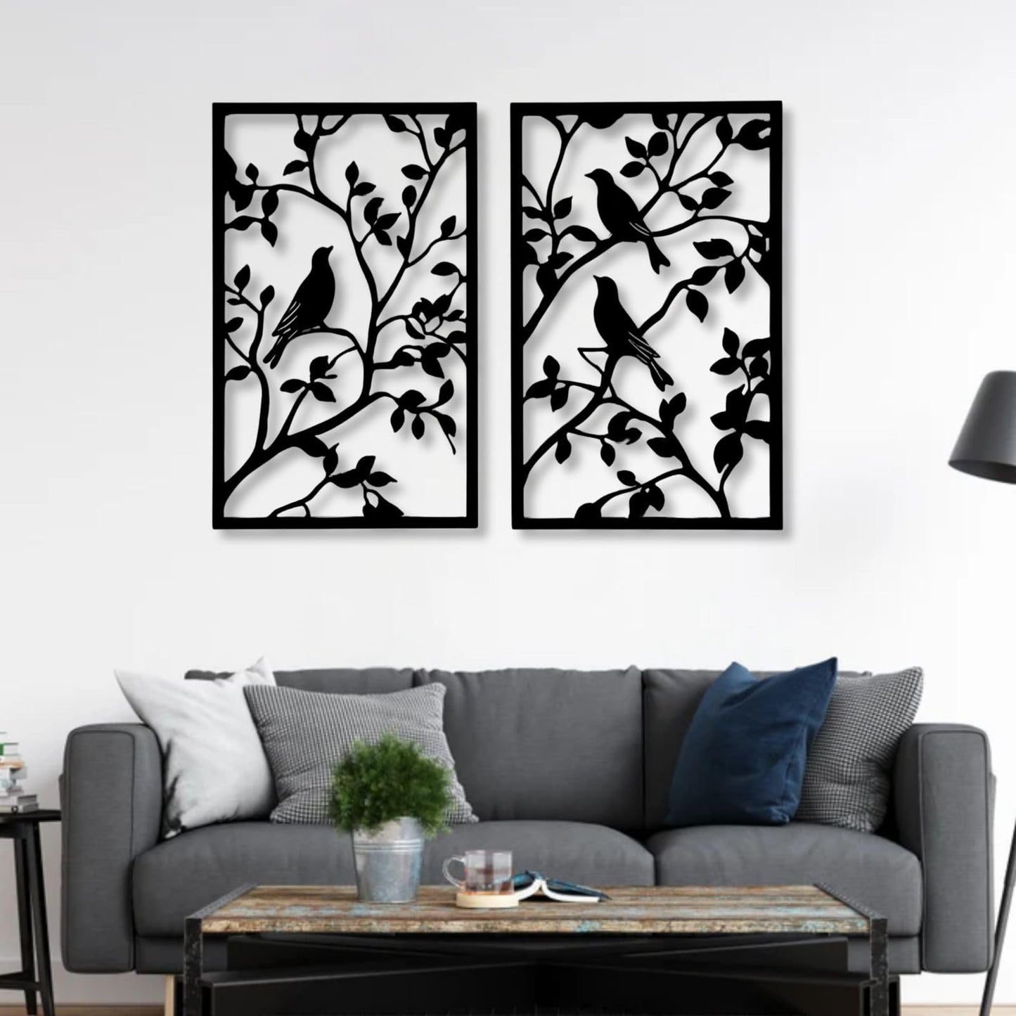 huefoam 2 Pieces Birds on a Branch Wall Decor, Metal Tree Branch Wall Decor, Metal Bird Wall Art for Living Room, Bedroom, Dining Room (Black, single:19"×12"/47×29cm(set of 2), metal art wall decor)