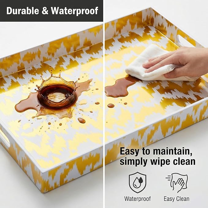Decorative Serving Tray with Handles - 16" x 12" Large Rectangle Coffee Table Decor - Modern Gold Aesthetic Vanity Tray for Ottoman, Bedroom & Bathroom