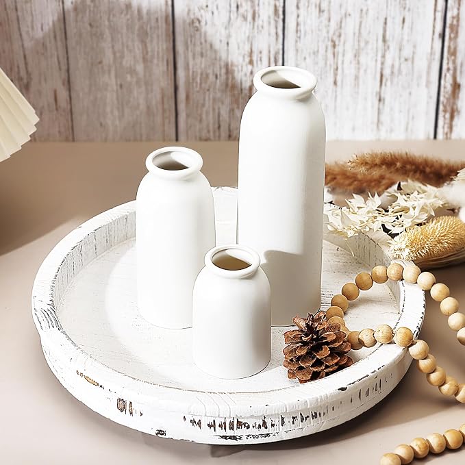 Ceramic Vases Set of 3, Small White Flower Decorative Vase for Pampas Grass & Dried Flowers, Rustic Vase for Table Bookshelf, Living Room