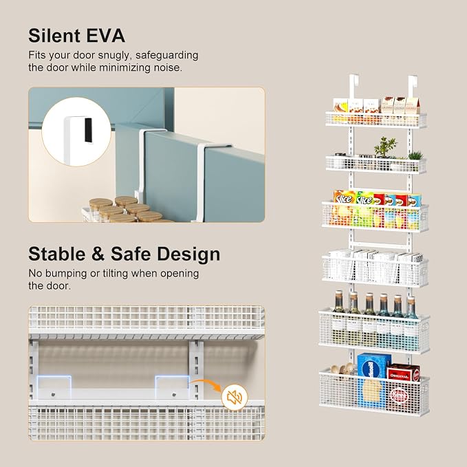 6-Tier Over The Door Pantry Organizer,Hanging Spice Rack,Grid Basket,White | Height Adjustable,Easy Grip Handle,Large Capacity,For Pantry Door,Laundry Room,Bathroom,Kitchen,D5.3xW15.7xH60.9in