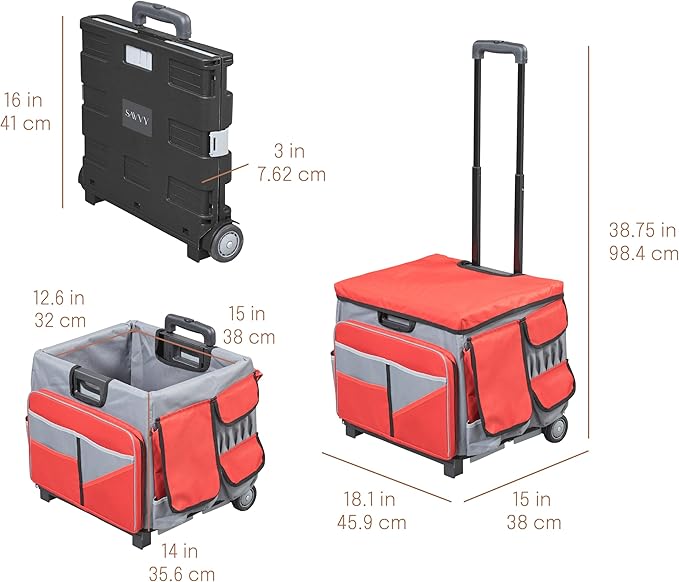 Mobile Folding Utility Cart with Canvas Storage Organizer Bag, Rolling Cart, Red/Grey