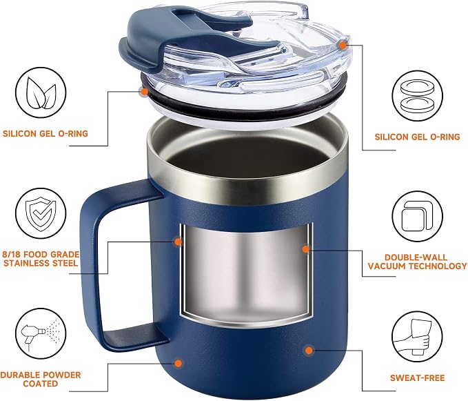 12oz Insulated Coffee Mug Cup with Handle, Stainless Steel Travel Coffee Mug with Flip Lid, Double Wall Vacuum Coffee Tumbler,Ocean Teal