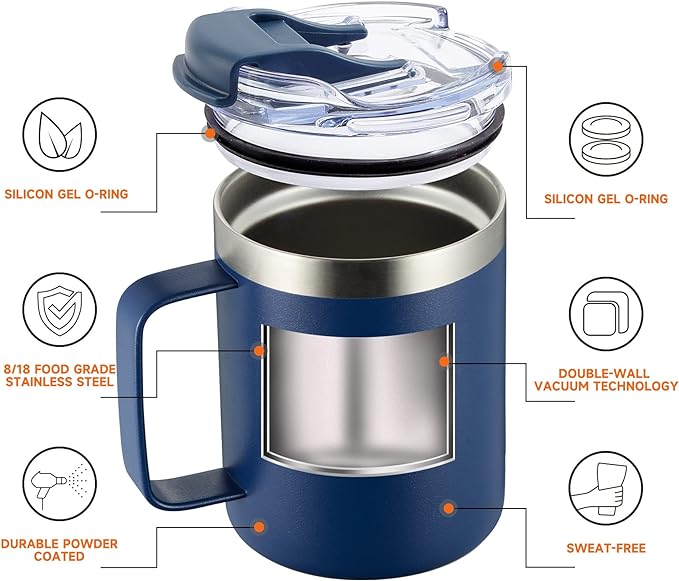 12oz Insulated Coffee Mug Cup with Handle, Stainless Steel Travel Coffee Mug with Flip Lid, Double Wall Vacuum Coffee Tumbler, Navy
