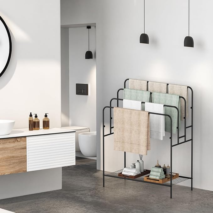 44" Extra Large Free Standing Towel Rack - 4 Tier Outdoor Pool Towel Holder, Versatile Blanket and Quilt Rack Stand for Living Room, Bathroom, Bedroom, Beach, Hot Tub, Gym and Pool Area Outside