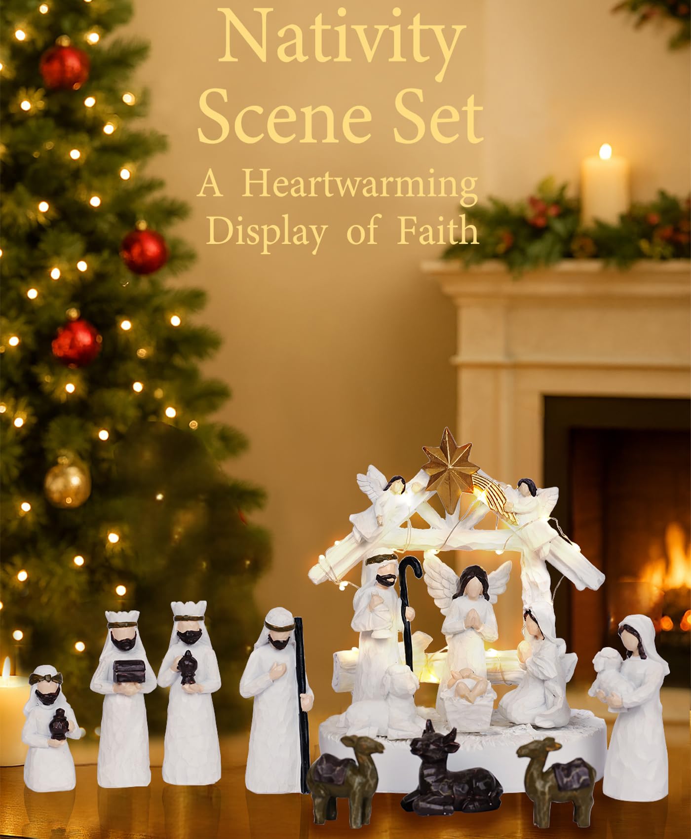 Christmas Nativity Scene Set 14 Piece Nativity Scene with Manger for Nativity Scene Indoor Decor Nativity Story Figures Nativity Set Decoration Mini Miniature Religious Christmas Holy Family Figurines