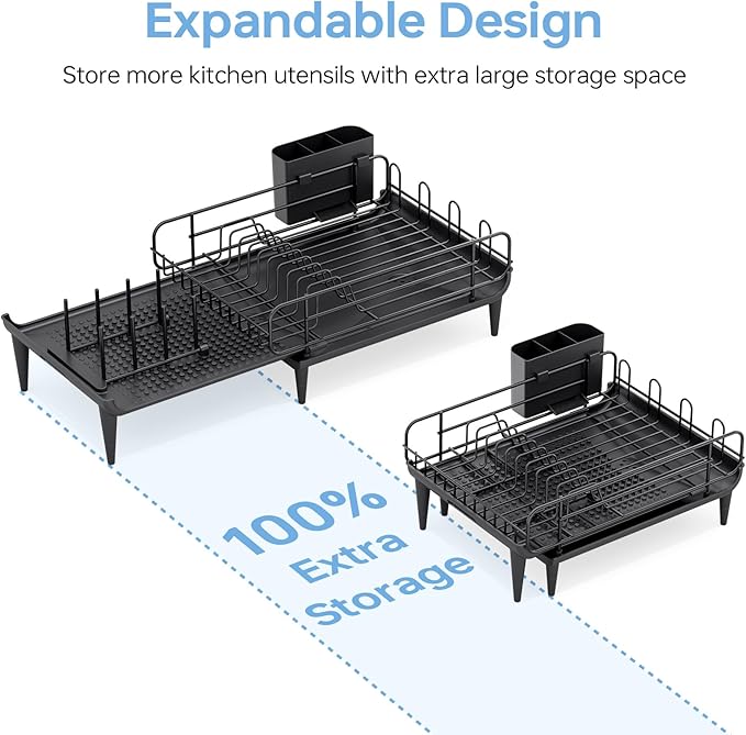 TOOLF Large Dish Drying Rack, Expandable Dish Rack for Kitchen Counter, Multifunctional Dish Drainer, Organization and Storage Essentials with Cup & Cutlery Holders, 16.7"-26.8" L x 12.6" W, Black