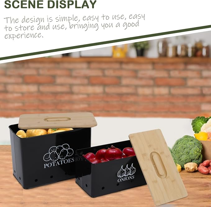 Potato and Onion Storage Bin Set of 2, Vented Metal Vegetable Storage with Wooden Lids, Farmhouse Kitchen Canisters for Countertop Pantry Organizer, Potato Bin Onion Holder for Produce Storage, Black