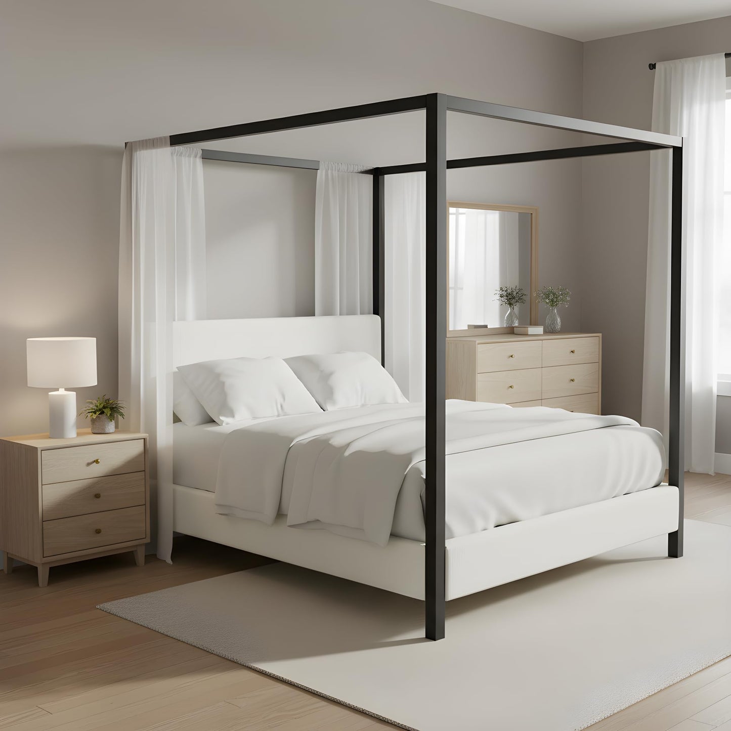 Merax King Size Modern Canopy Bed Frame, Merax Black Metal Platform Bed with Bouclé Upholstered Headboard, Four-Poster Design Wooden Slats Support Bedroom Bed Frame