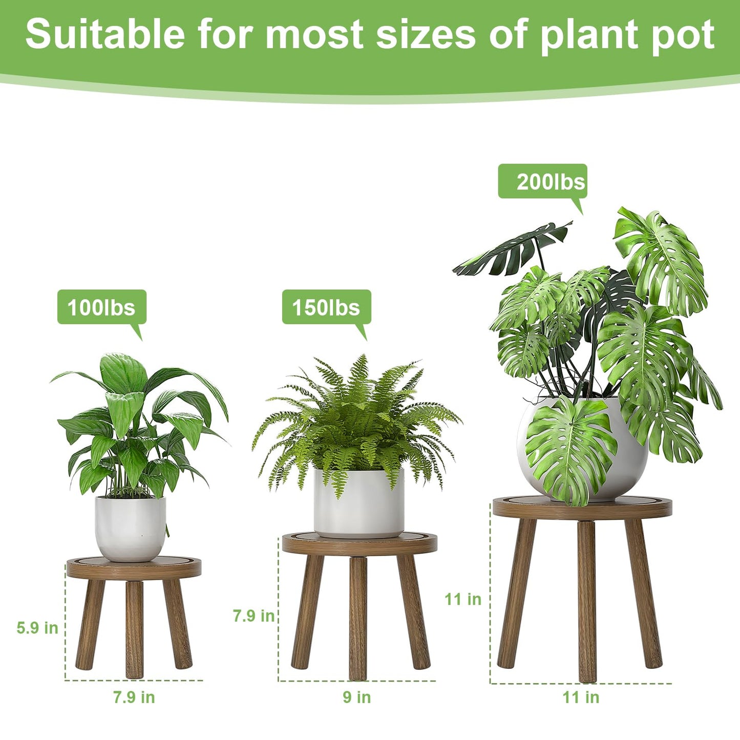 Vecxoty 3-Pack Wood Plant Stands Indoor, Single Plant Stand for 6-12 Inch Pots, Mid-Century Modern Plant Stool, Tall Plant Stand for Large Plants for Living Room, Balcony, Office (Dark Gray)