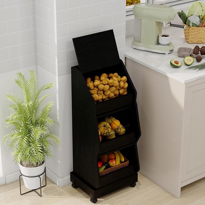 ARTETHYS Potato and Onion Storage Bin with Wheels Black Set of 2 Movable Bread Box with Lid Onion Organizer with Grocery Section Decorative Vegetable Organization Cabinet for Kitchen
