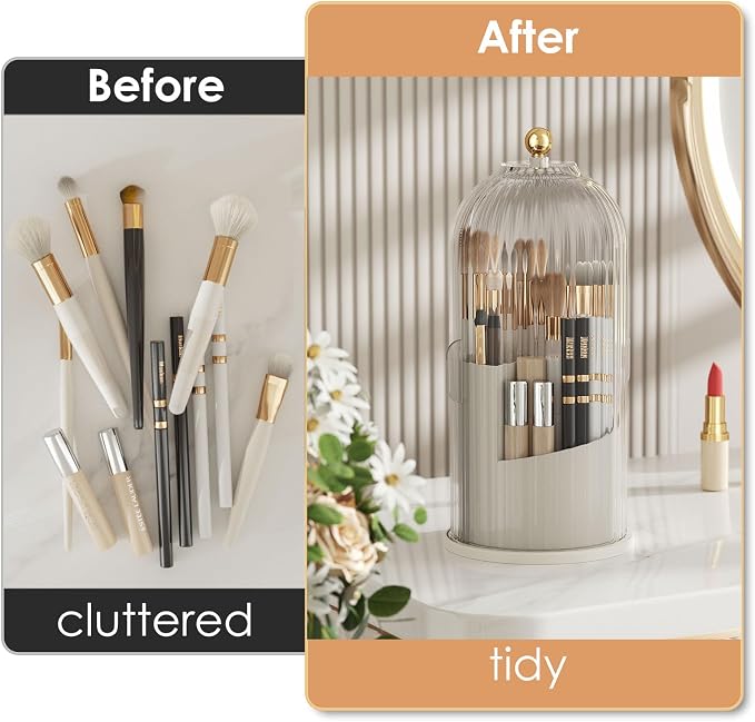 YOOLENS Makeup Brush Holder with Lid 360 Rotating Clear Dustproof Make Up Organizers for Vanity Bathroom Countertop, Transparent | with Lid