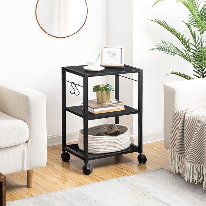 MAHANCRIS Printer Stand, 3-Tier Under Desk Rolling Cart with Storage Shelf, Heavy Duty Printer Table with Wheels for Home Office, Printer Shelf with 2 Hooks, for Small Spaces, Black PTHB4001V