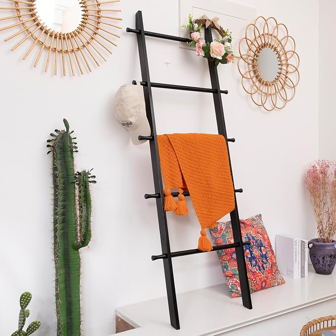 5-Tier Blanket Ladder – 4.8 Ft Wall Leaning Quilt Rack, Farmhouse Blanket Storage for Living Room, Bedroom & Bathroom – Rustic Decorative Wooden Towel & Quilt Holder, Easy to Assemble