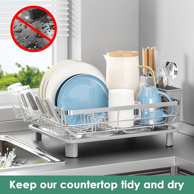 MOUKABAL Dish Drying Rack, Dish Rack, Stainless Steel Dish Racks for Kitchen Counter, Dish Drainer with Removable Utensil Holder, Drainboard (Grey,Stainless Steel,13''W x 17''L)