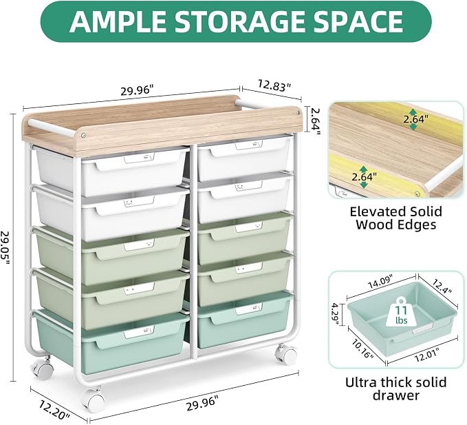 10 Drawers Rolling Cart with Wooden Tabletop, Utility Storage Cart with Wheels, Art Supply Craft Organizer on Wheel with Metal Frame & Handles for Home Office School,Green