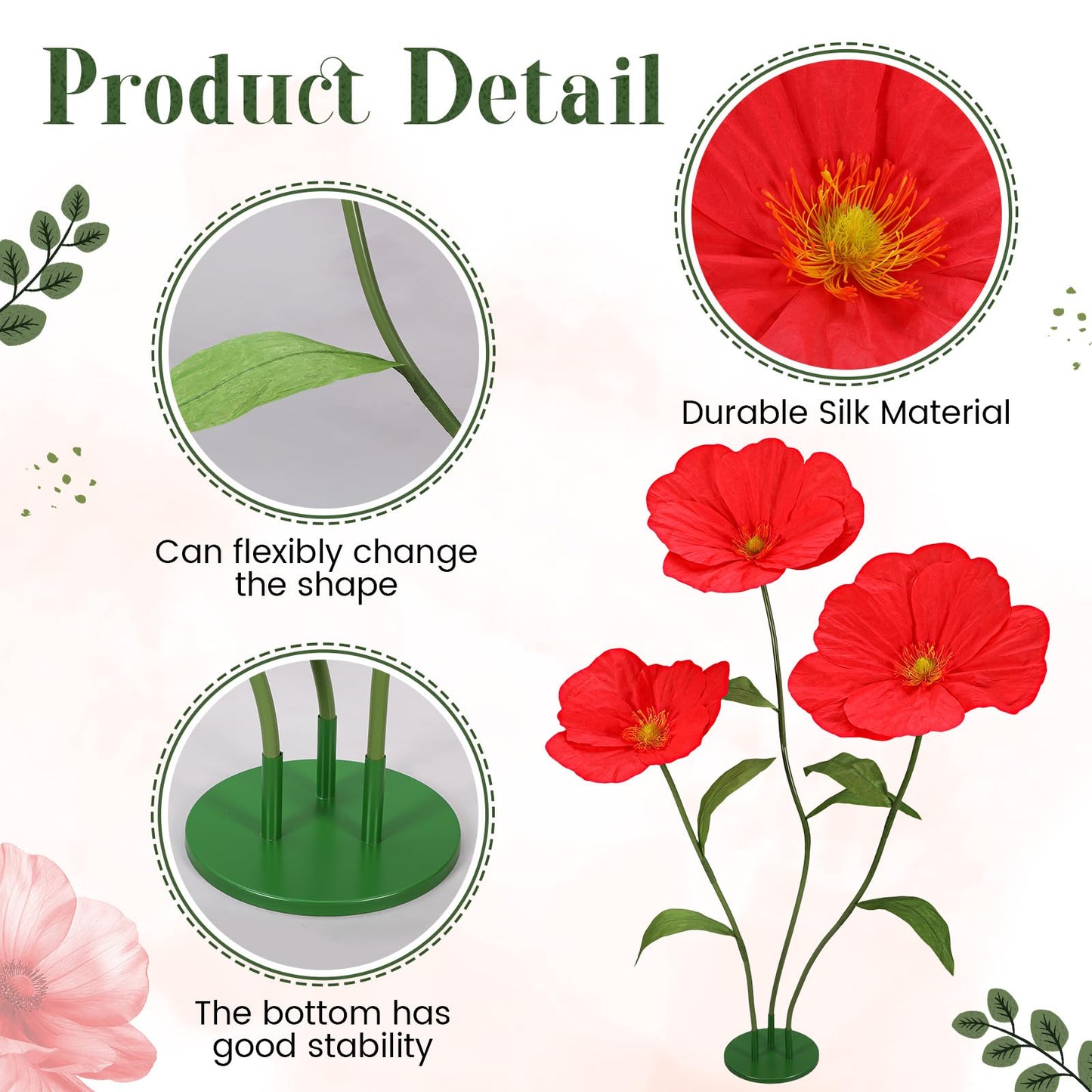 Rivvlive 6ft Red Giant Flowers for Decoration with Stand, Large Artificial Silk Poppy, Handcrafted Large Flower for Garden Wedding Party Photography Props Hotel Office Art Gallery Window Display