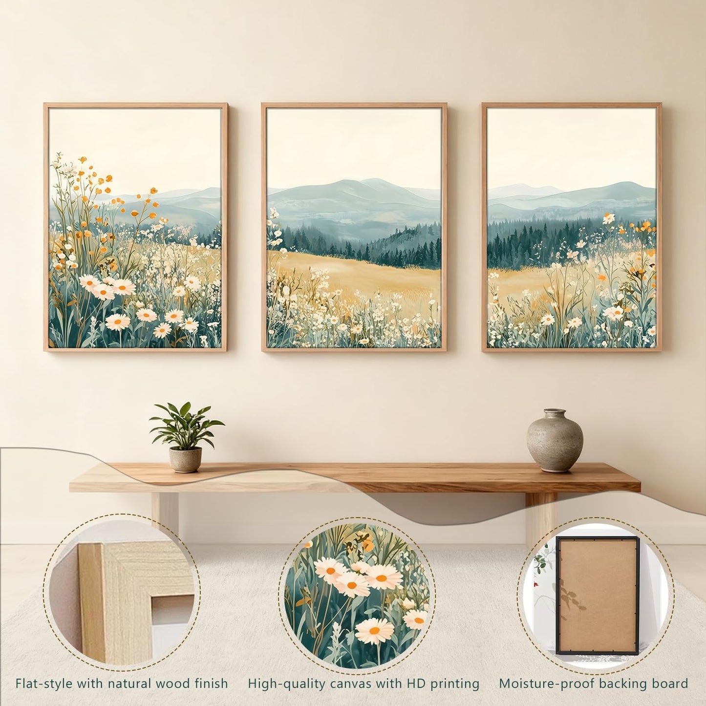 3 Pcs Framed Mountain Wildflower Wall Art Triptych Natural Landscape Canvas Prints Large Farmhouse Daisy Poster Botanical Picture Painting for Living Room Bedroom Decor 12x16IN