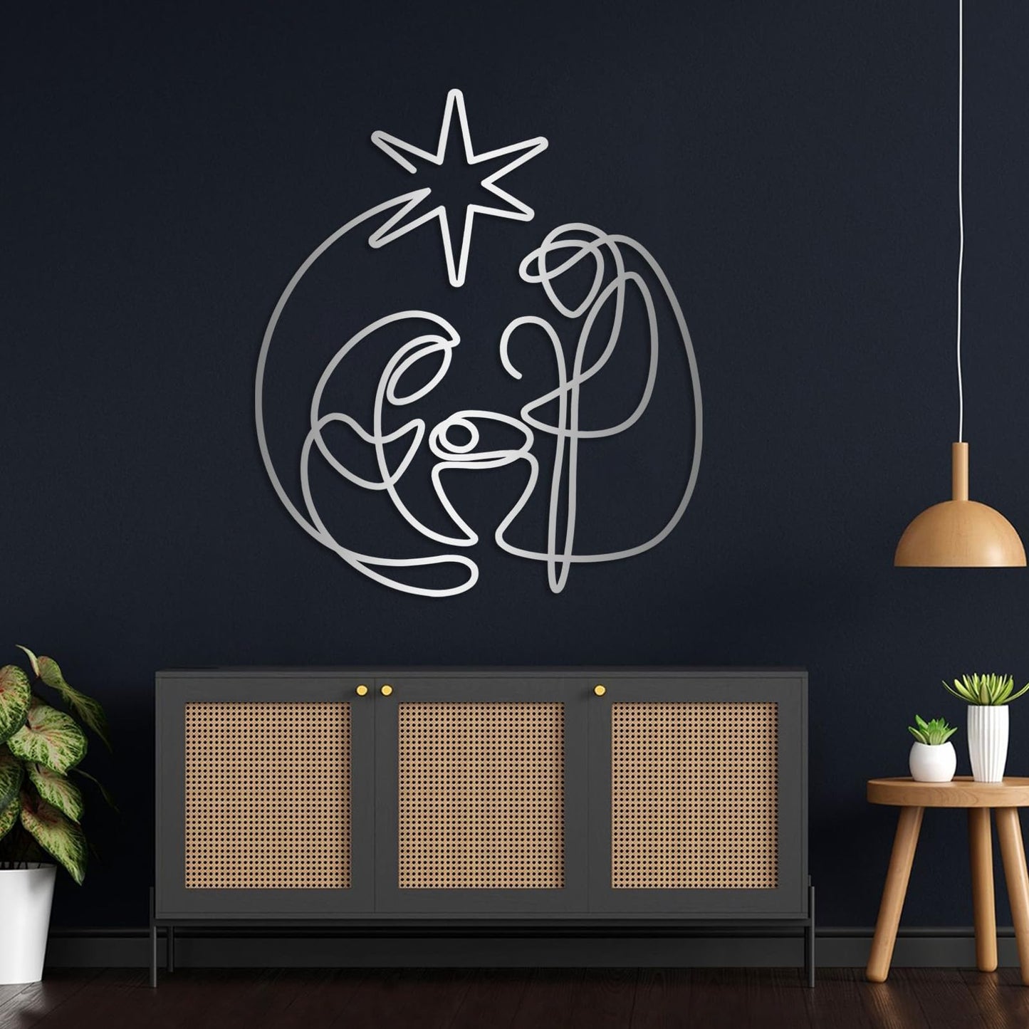 SZI Nativity Scene Metal Wall Art, Line Art Religious Christmas Decor, Minimalist Wall Art for Living Room, Bedroom (Black, 24"x21"|60x53cm)
