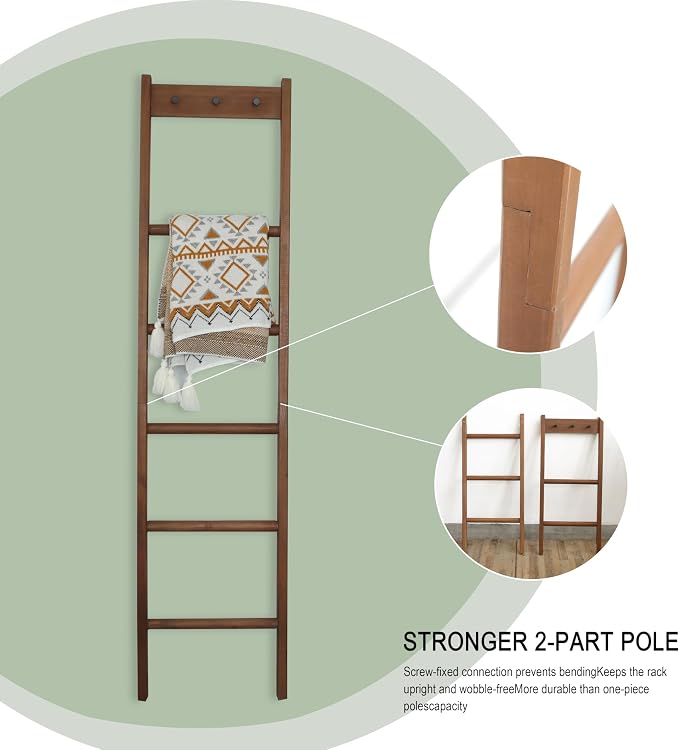 Wooden Blanket Ladder - Natural & Motley Wood - Leaning Wall Decor for Bedroom, Bathroom, Living Room - Rustic Quilt Holder & Towel Rack (Walnut Color + Hook, 76in（5-Tier）)