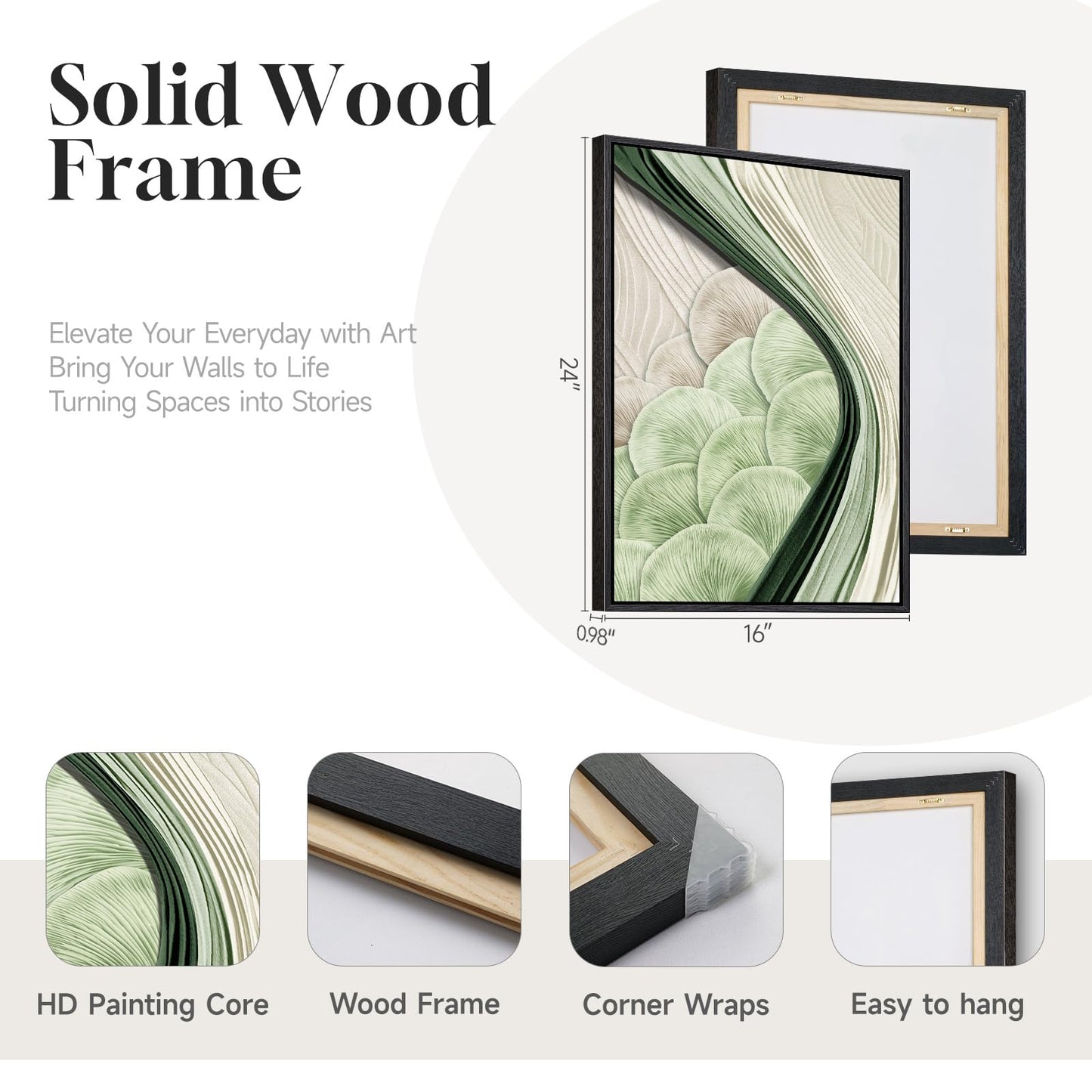 Framed Green Abstract Wall Art Bedroom, 3 Piece Botanical Modern Minimalist Canvas Print Artwork for Walls, Leaf Paintings Pictures for Small Living Room Dining Room Office Wall Art Decor, 16x24 Inch