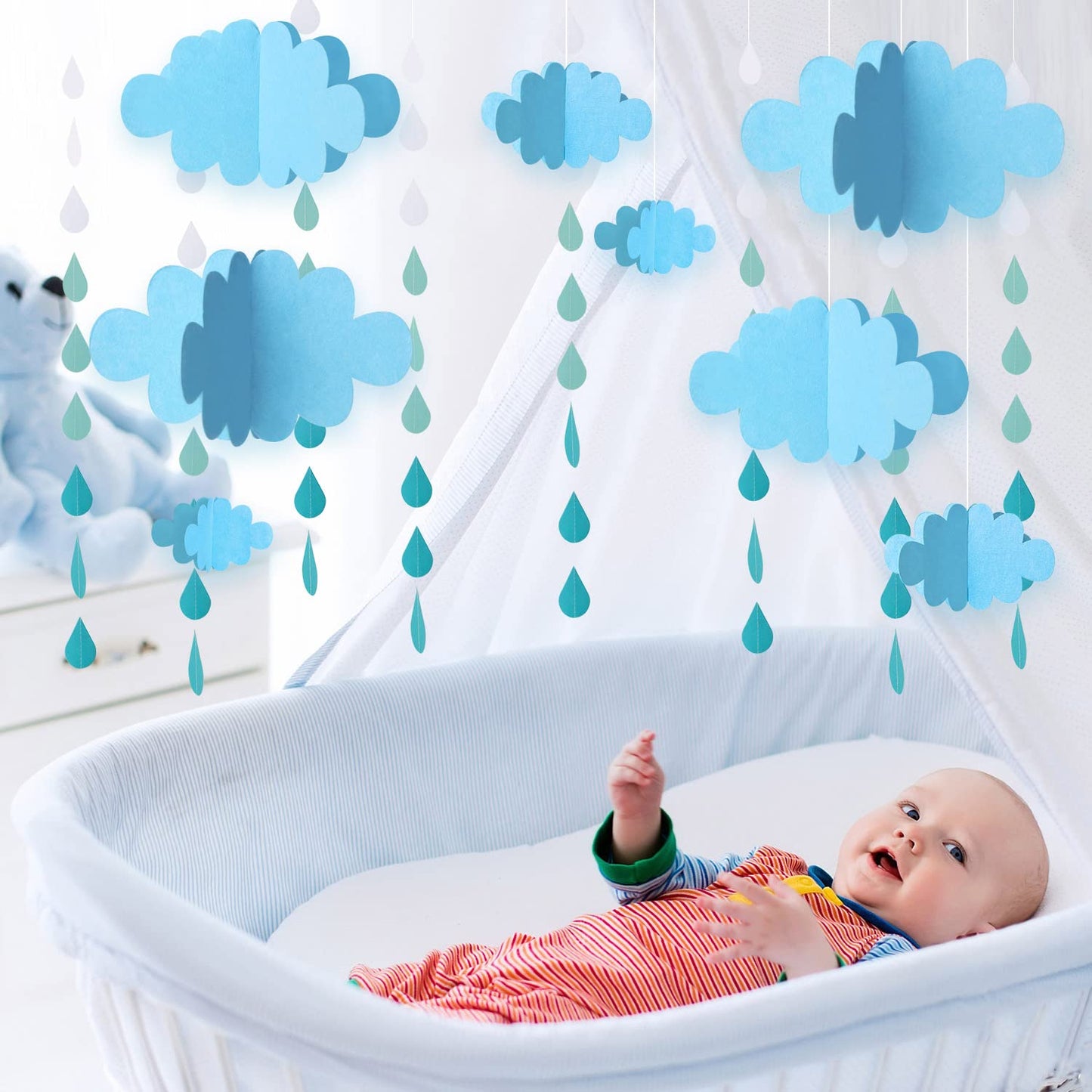 16 PCS 3D Cloud Decoration Blue Hanging Clouds and Raindrop for Cloud Ornaments Hanging Ceiling Decor for Party Nursery Children Room Ceiling Decorations