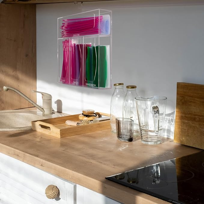 Acrylic Bag Storage Organizer for Kitchen Drawer, Food Storage Bag Organizer Holder Compatible with Ziplock, Glad, Hefty, Gallon, Quart, Sandwich & Snack Variety Size Bag (Clear)