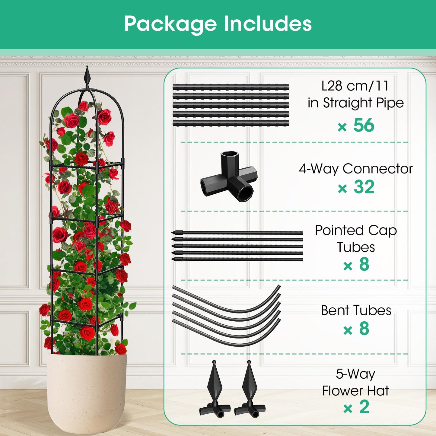 2 Pack Garden Obelisk Trellis for Climbing Plants, 71" Metal Rustproof Plant Support Rose Trellis, Tower Potted Cages for Flowers Fruits Vegetable Vines Indoor & Outdoor, Black(4 Tiers)