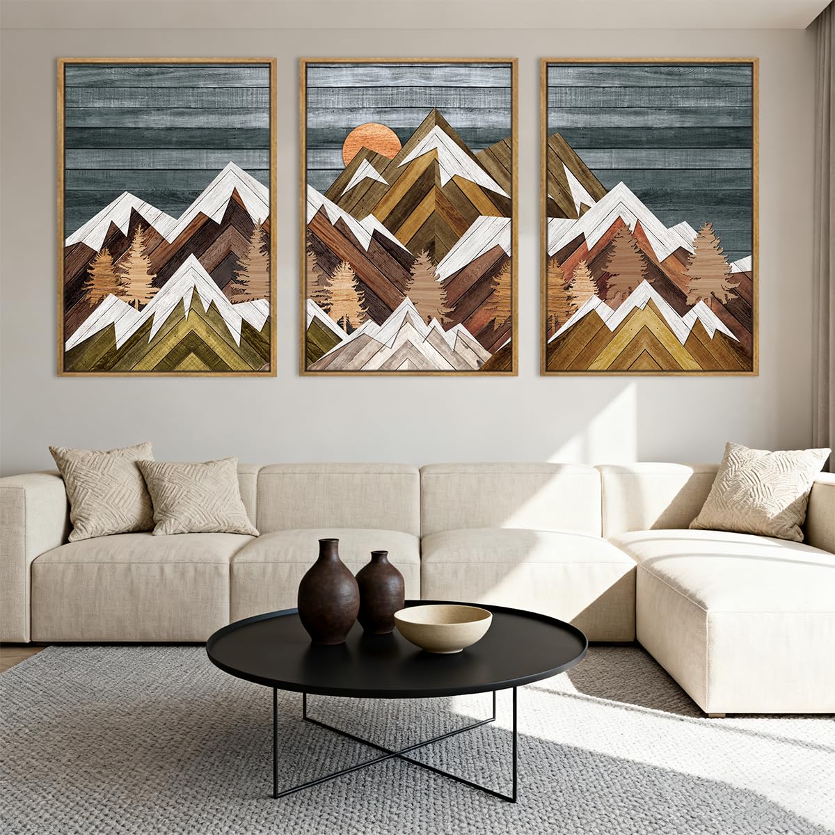 BINCUE Extra Large Mountain Wall Art Farmhouse Mountain Wall Decor Large Landscape Artwork 24x36 Inches Set of 3 Framed Rustic Painting Boho Mountains Artwork for Living Room Bedroom Office