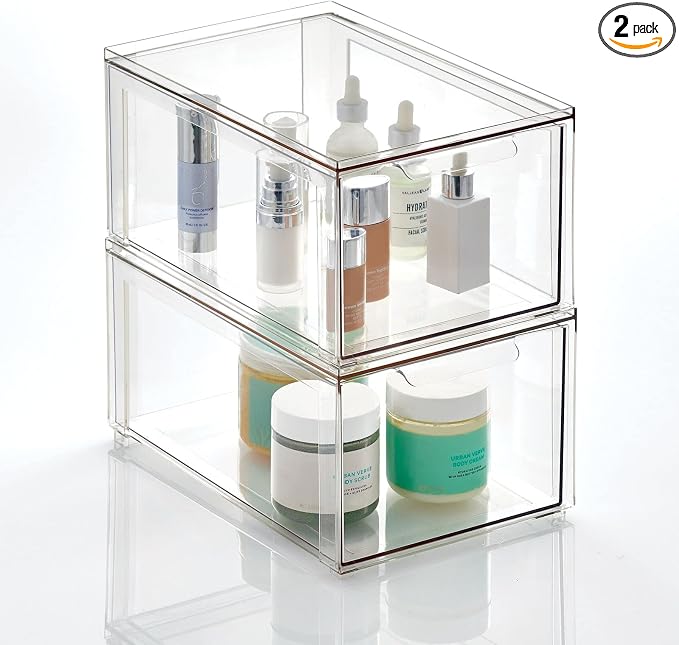 mDesign Plastic Stackable Bathroom Storage with Pull Out Bin Organizer Drawer for Cabinet, Vanity, Shelf, Cupboard, Cabinet, or Closet Organization - Lumiere Collection - 2 Pack - Clear