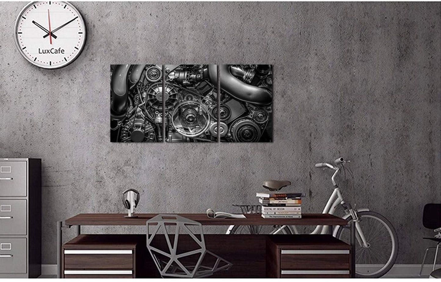 HOMEOART Engine Wall Art Closeup Gear and Chain Black and White Picture Canvas Print Gallery Wrapped Man Cave Wall Decor 24"x48" (3 Panels)