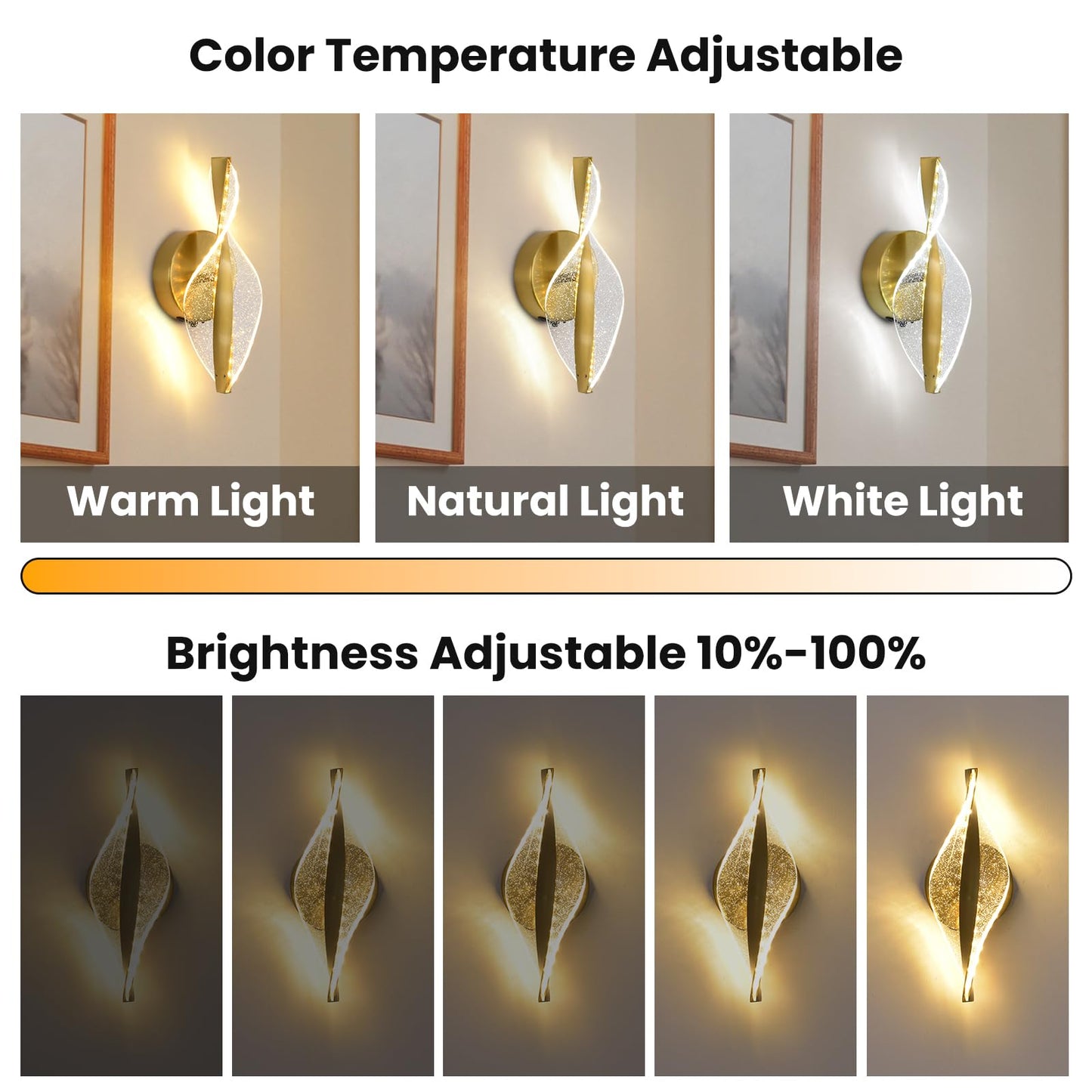 Giawosth LED Wall Sconces Set of Two Battery Operated, 5000mAh USB Rechargeable Gold Acrylic Wall Lights with Remote, Dimmable Wireless Wall Lamp for Living Room, Bedroom, Hallway,11.8 Inch
