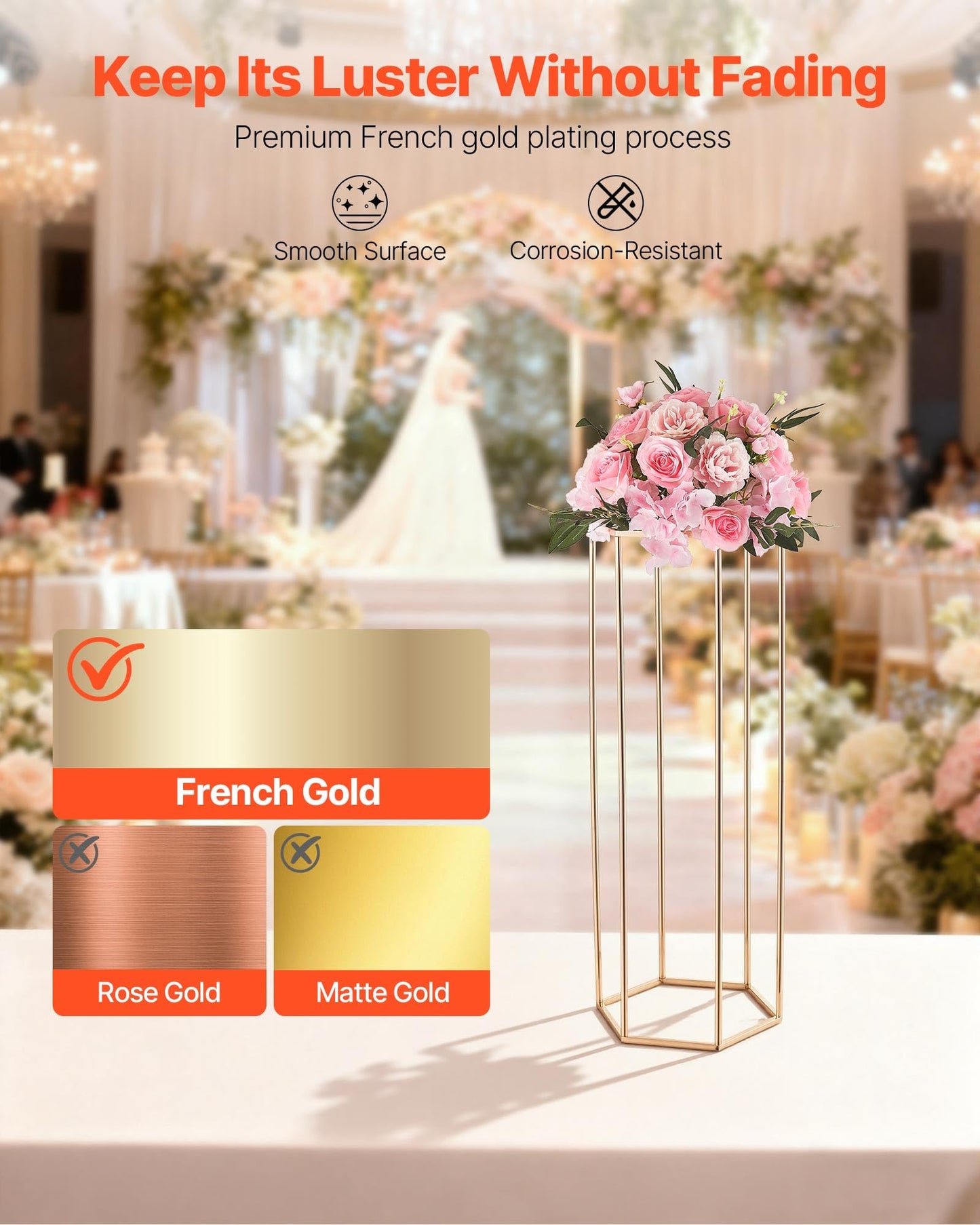 VEVOR Wedding Flower Stand, 10PCS 31.5-inch Column Flower Stand, Floral Stands with Acrylic Laminate, Hexagonal Cubic Floral Display Rack for Wedding, Party, Birthday, Home,French Gold Stands