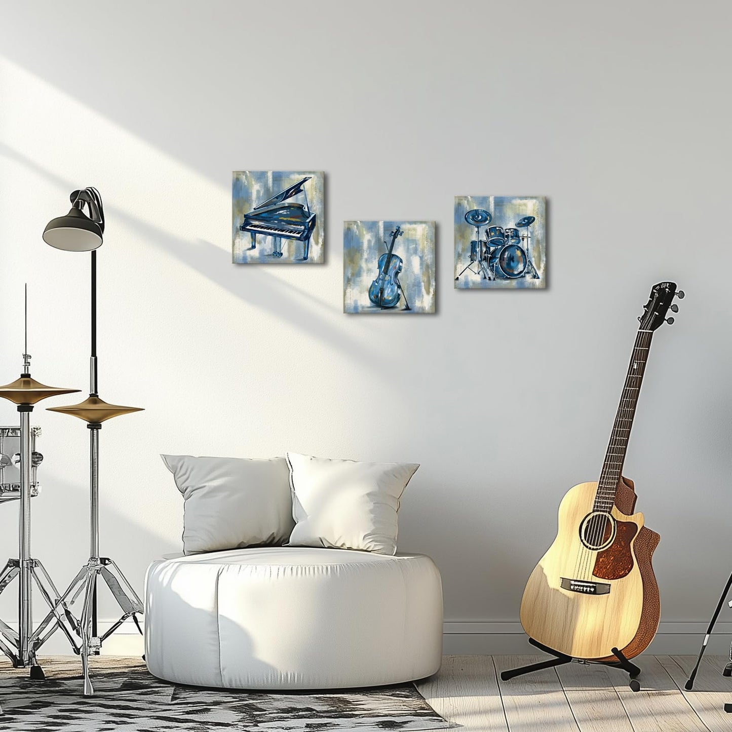 KLVOS Music Wall Art for Bedroom Musical Instrument Piano Guitar Drum Set Canvas Prints Stretched Musical Themed Art work for Classroom Music Room Wall Decor 12X12inchx3 pcs