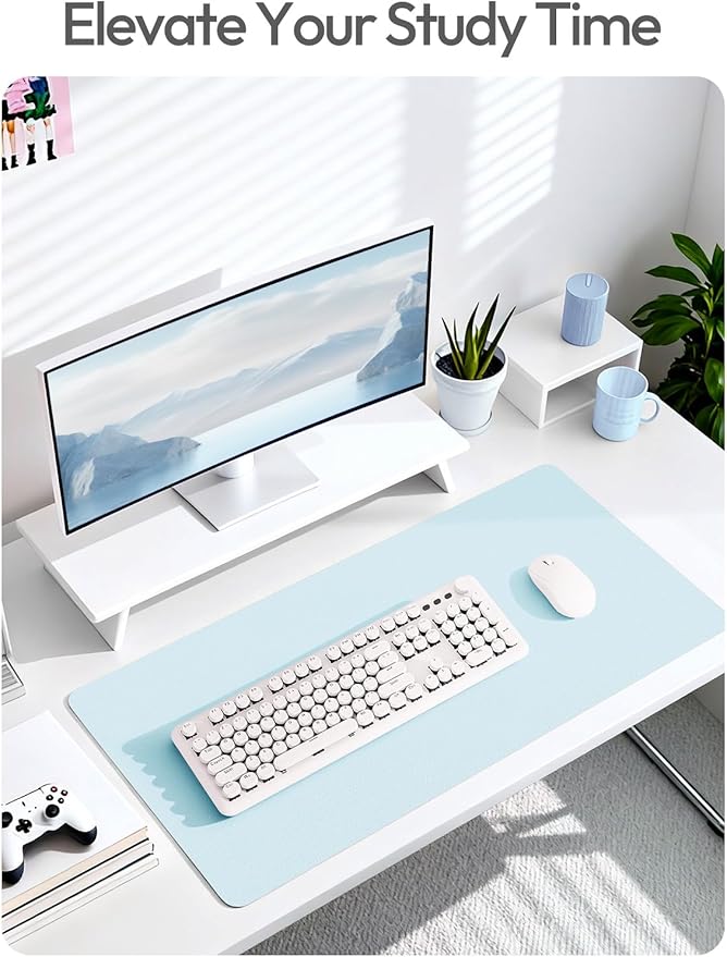 YSAGi Leather Desk Protector, Office Mat, Large Mouse Mat, Non-Slip PU Leather Blotter, Laptop Pad, Waterproof Writing Pad for Office and Home (Baby Blue, 35.4" x 17")