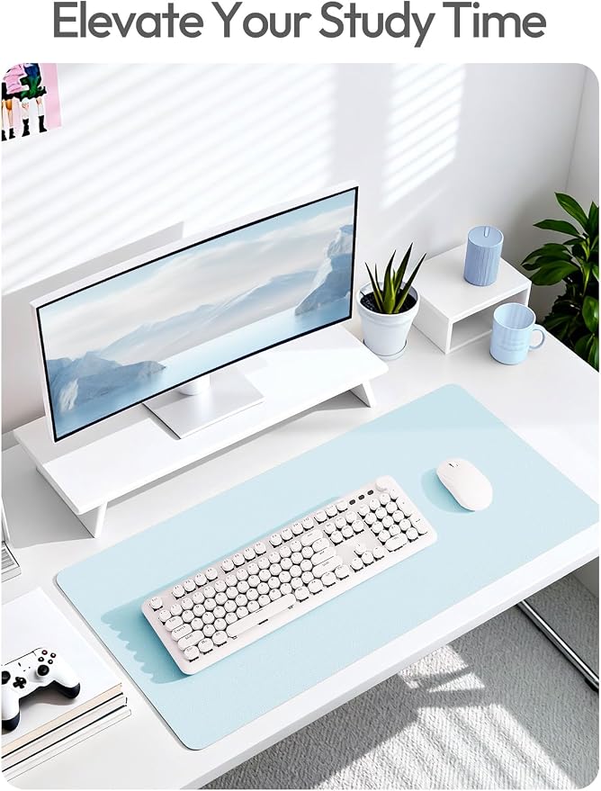 YSAGi Leather Desk Pad Protector, Office Desk Mat, Large Mouse Pad, Non-Slip PU Leather Desk Blotter, Laptop Desk Pad, Waterproof Desk Writing Pad for Office and Home (Baby Blue,55" x 24")