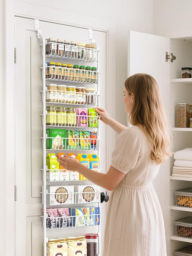 Delamu Over The Door Pantry Organizer, 9-Tier Pantry Door Organizers and Storage with Adjustable Basket, Metal Hanging Spice Rack, Seasoning Organizer, Door Organizer for Home Kitchen Bathroom, White