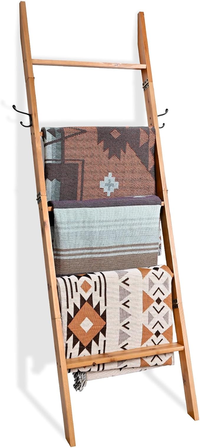 FUIN 58in Blanket Ladder, Wood Towel Ladder, Rustic Decorative Ladder for Blankets, Farmhouse Wooden Quilt Rack for Living Room & Bathroom
