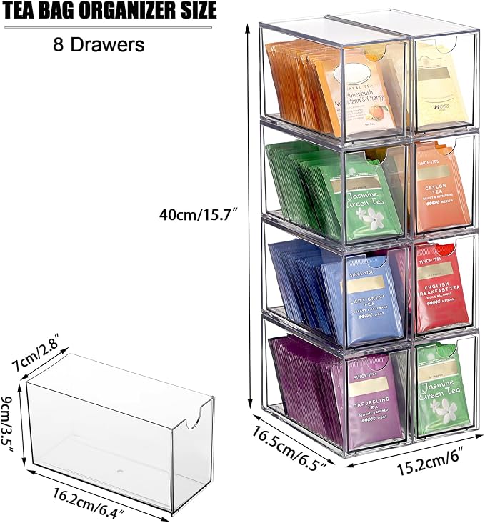 ELLDOO 8 Drawers Tea Bag Organizer, Clear Acrylic Stackable Tea Bag Storage Holder for Kitchen Pantry, Coffee Pod Snack Storage for Countertop Cabinet
