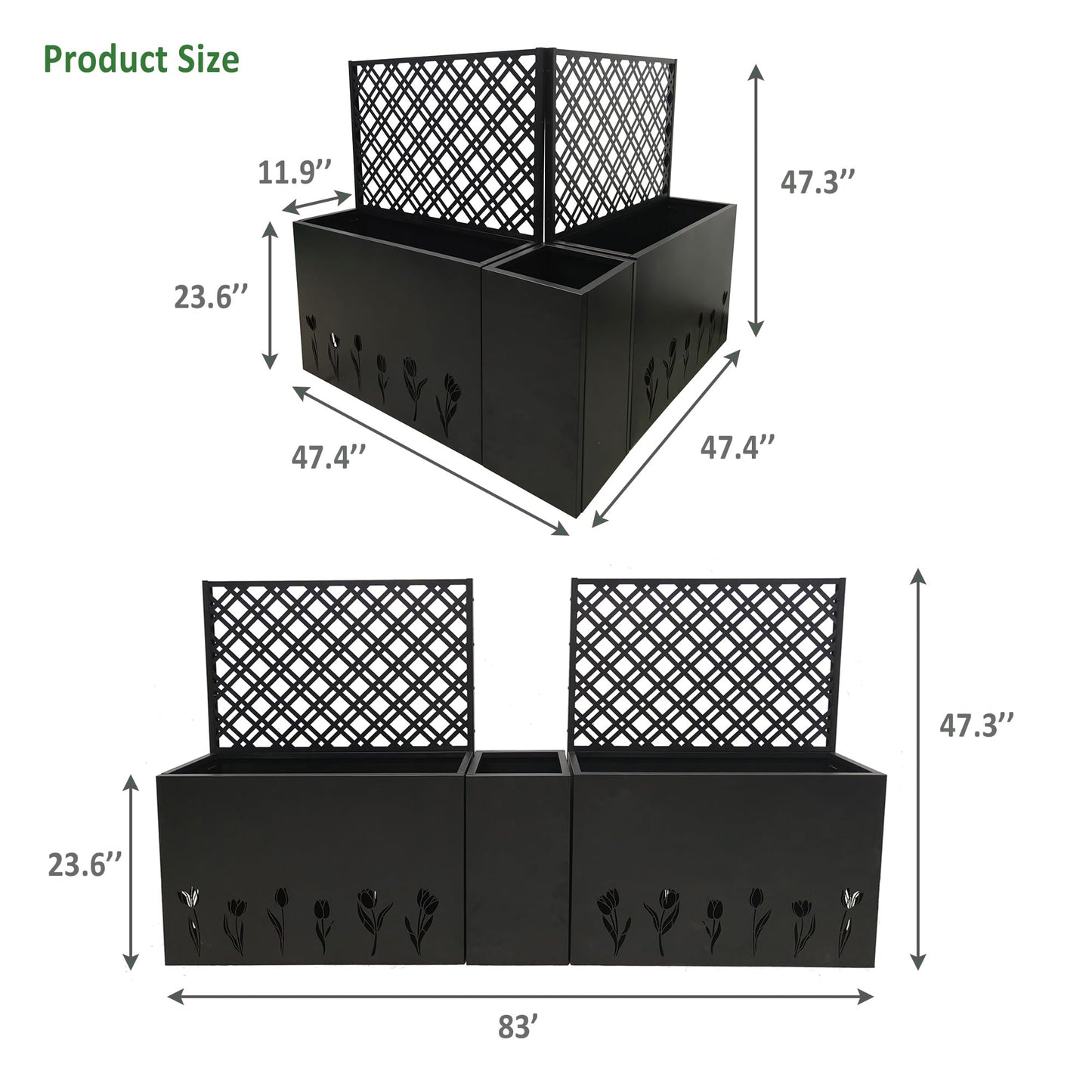 Pasirou 3-Piece Metal Planter Box wtih Trellis- Raised Garden Bed Set of 3 for Outdoor Indoor Use, Rust-Resistant Planter Box with Drainage Holes