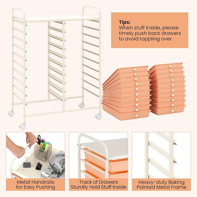 COSTWAY 20-Drawer Rolling Storage Cart, Utility Storage Organizer Cart for Tools, Scrapbook, Paper, Craft, Multipurpose Storage Trolley on Wheels for Home Office School, Peach