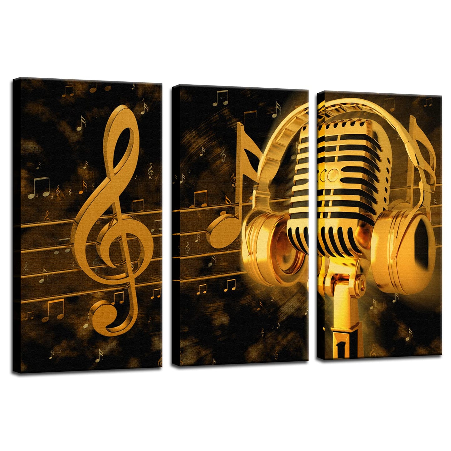 Biuteawal - Music Artistic Paintings Wall Art Gold Metal Microphone and Headset Note Picture Canvas Giclee Print Modern Home Studio Decor Stretched and Framed Ready to Hang