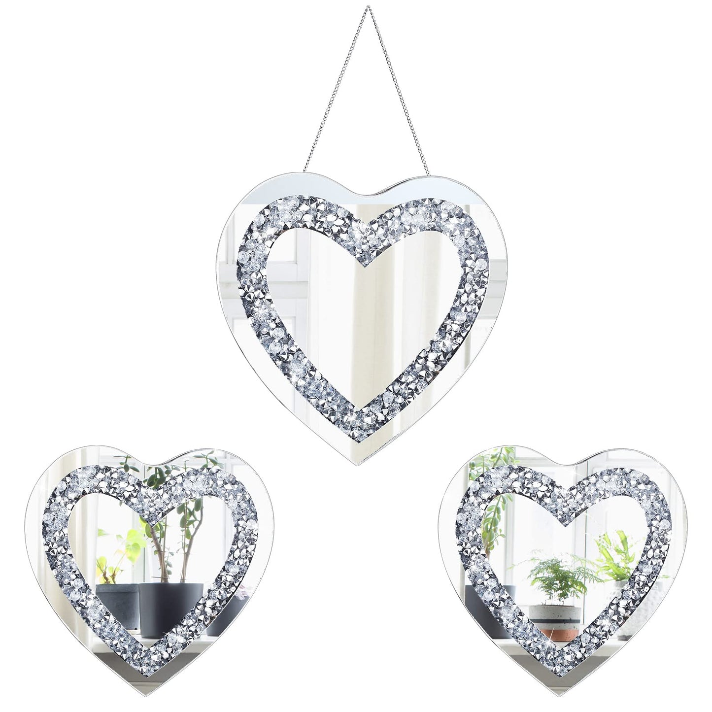 Qunclay 3 Pcs Crystal Crush Diamond Silver Mirror, 12 and 8 Inches Modern Shaped Wall Hang Decorations Glass Diamond Mirror for Bathroom Living Room (Heart Shape)