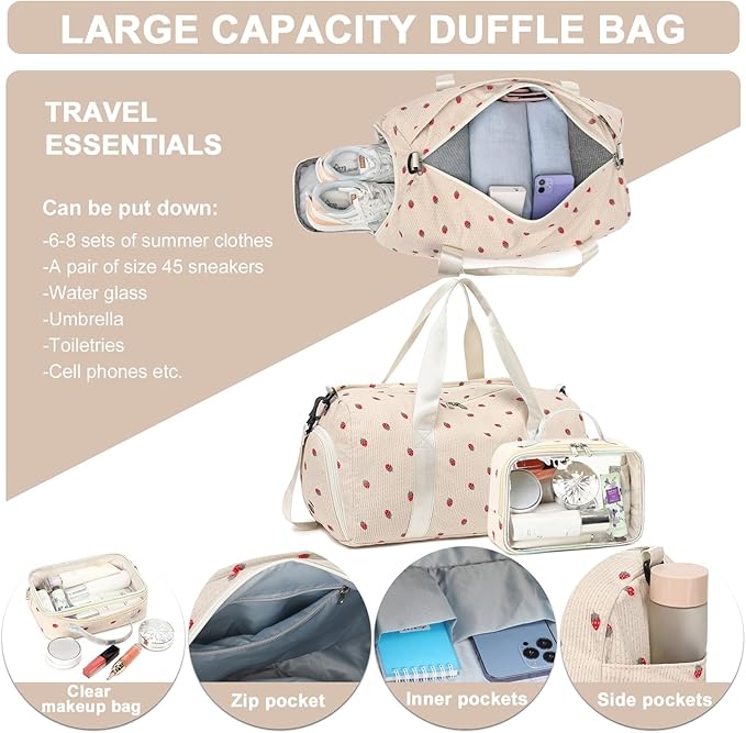Duffle Bag for Gym Sports Women Girls Workout Travel Bag Weekender with Shoe Compartment and Wet Pocket