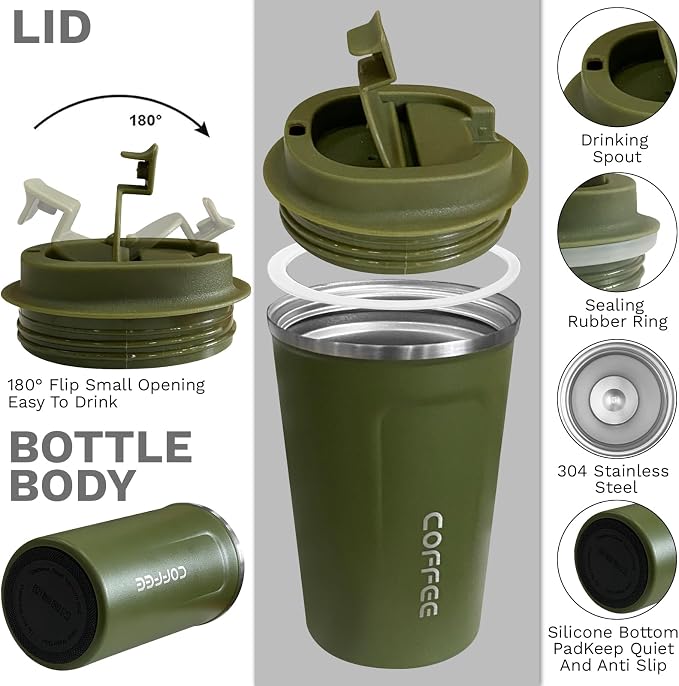 YINBAOGE Insulated Travel Coffee Mug, Spill & Leak Proof, Portable To Go Camping Stainless Steel Coffee Tumbler, Reusable Thermal Coffee Cup with Lid for Hot & Cold Drinks (2nd-Green, 17 OZ)