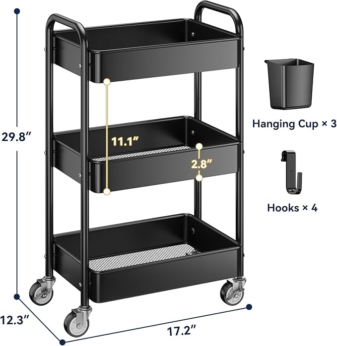 YASONIC 3 Tier Rolling Cart - Metal Utility Cart with Wheels, Hanging Cups, Hooks, Heavy Duty Mesh Rolling Storage Cart Organizer, Craft Cart for Kitchen Office, Lightweight and Sturdy