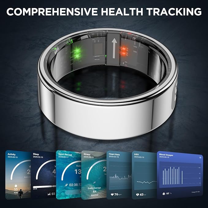 Smart Ring Health Tracker with Display Screen, Sleep Tracker Ring with Heart Rate, Fitness Ring Step tracker for Activity Monitoring/Steps/Calories,Wireless Charging, for iOS Android (Silver,8#)