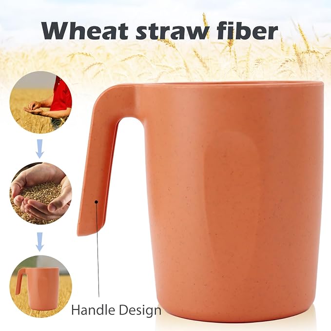 PYRMONT Wheat Straw Cups 16 Oz Alternative Plastic Cups With Handle Dishwasher & Microwave Safe Mug Set of 6 Unbreakable Cups Set for Camping,Pool,RV-Orange