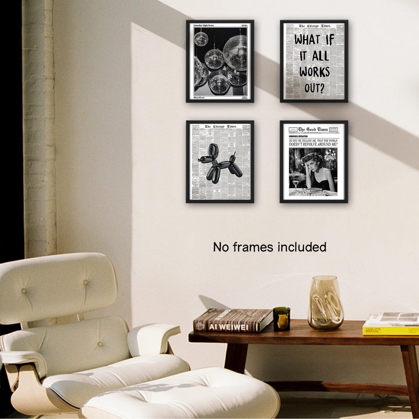 NaZaUK Funky Retro Y2K Wall Art, Black and White Newspaper Wall Art Posters Set of 4, Prints for Bedroom Decor, Trendy Preppy Aesthetic Prints, Sufeasdf 70s Disco Ball, Bar Cart Decor, 8x10 Unframed